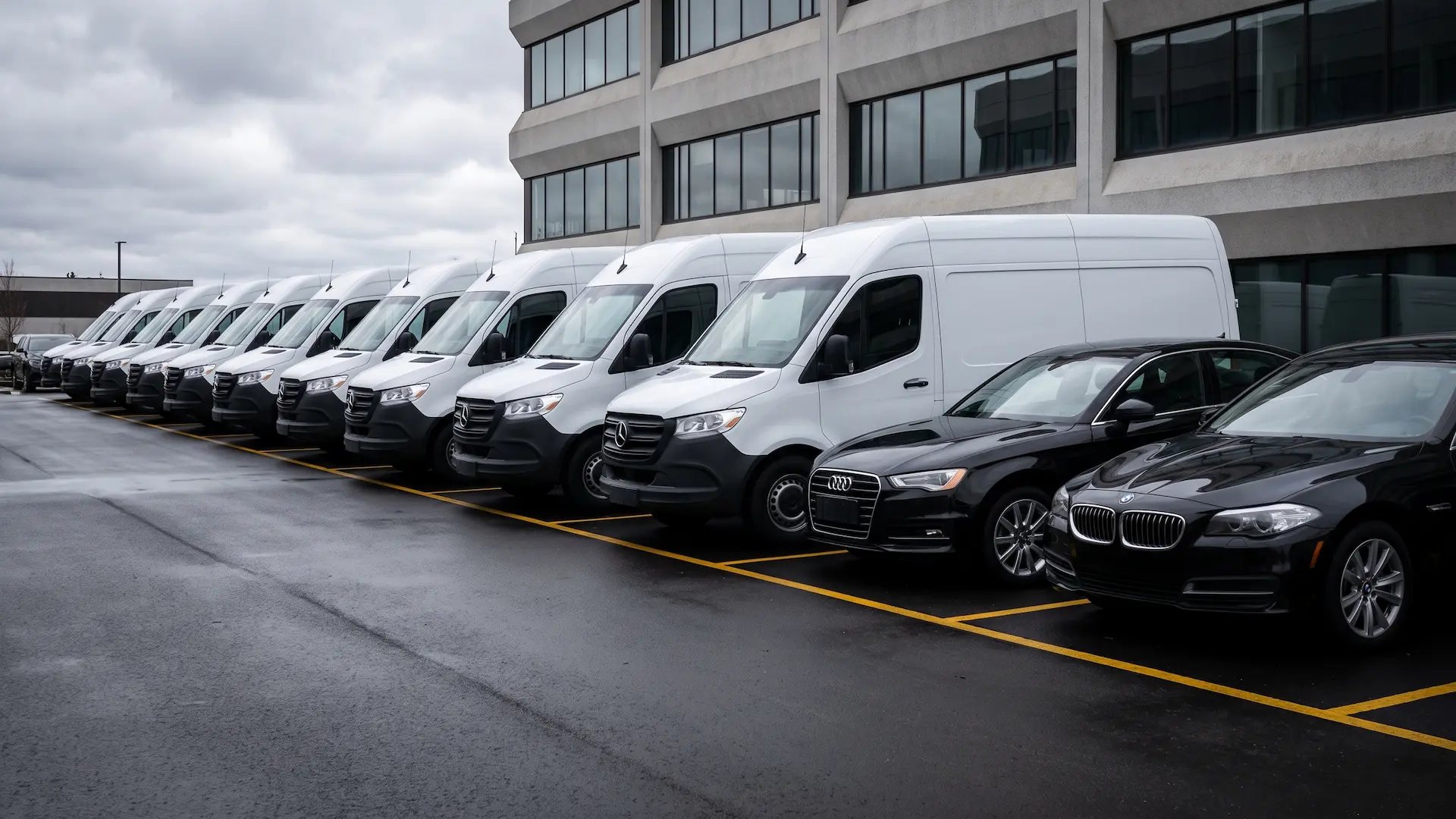 Organized commercial fleet lot featuring pristine cargo vans and executive sedans for enterprise leasing and logistics.
