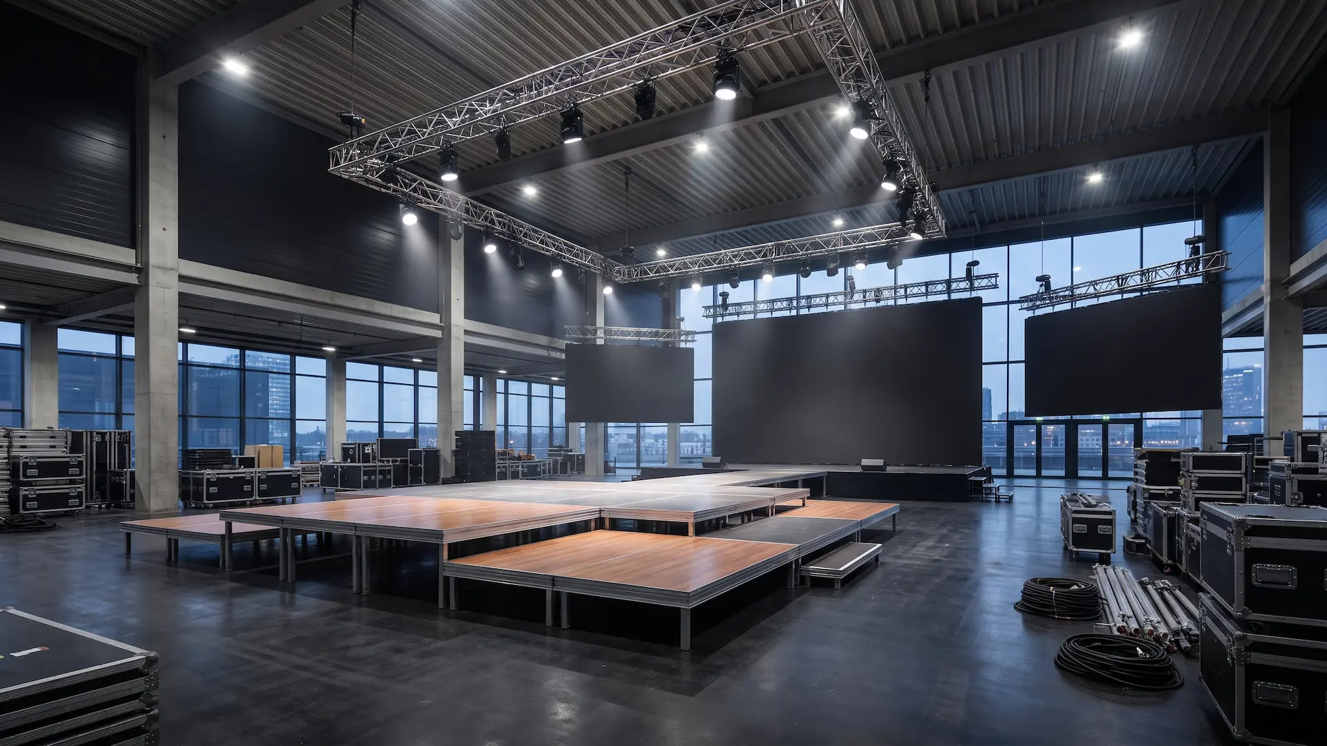 Premium modular staging, truss lighting rigs, and LED walls for corporate event infrastructure and conference rentals.
