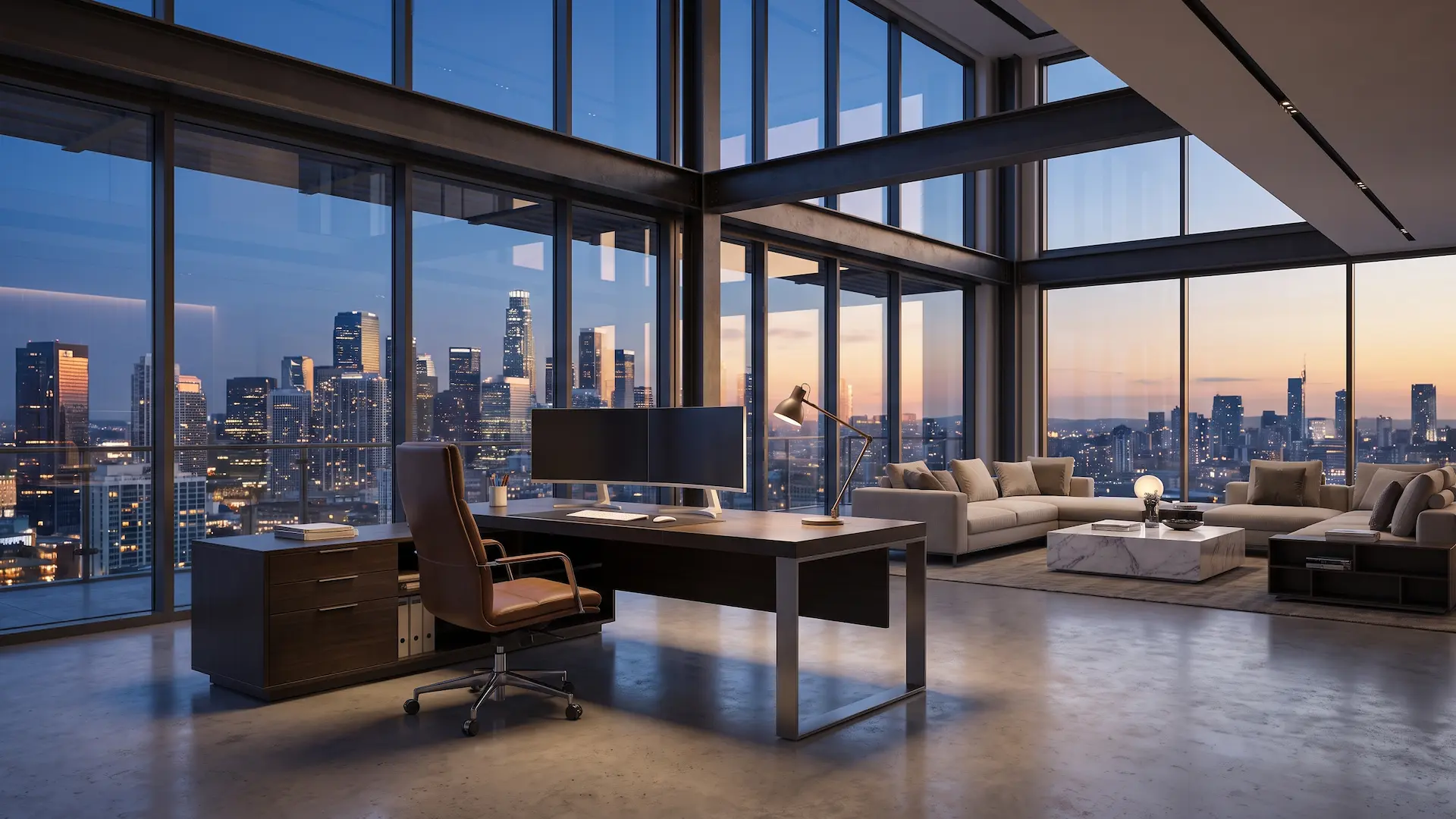 High-end corporate housing executive loft with workstation for enterprise employee relocations and long-term deployments.